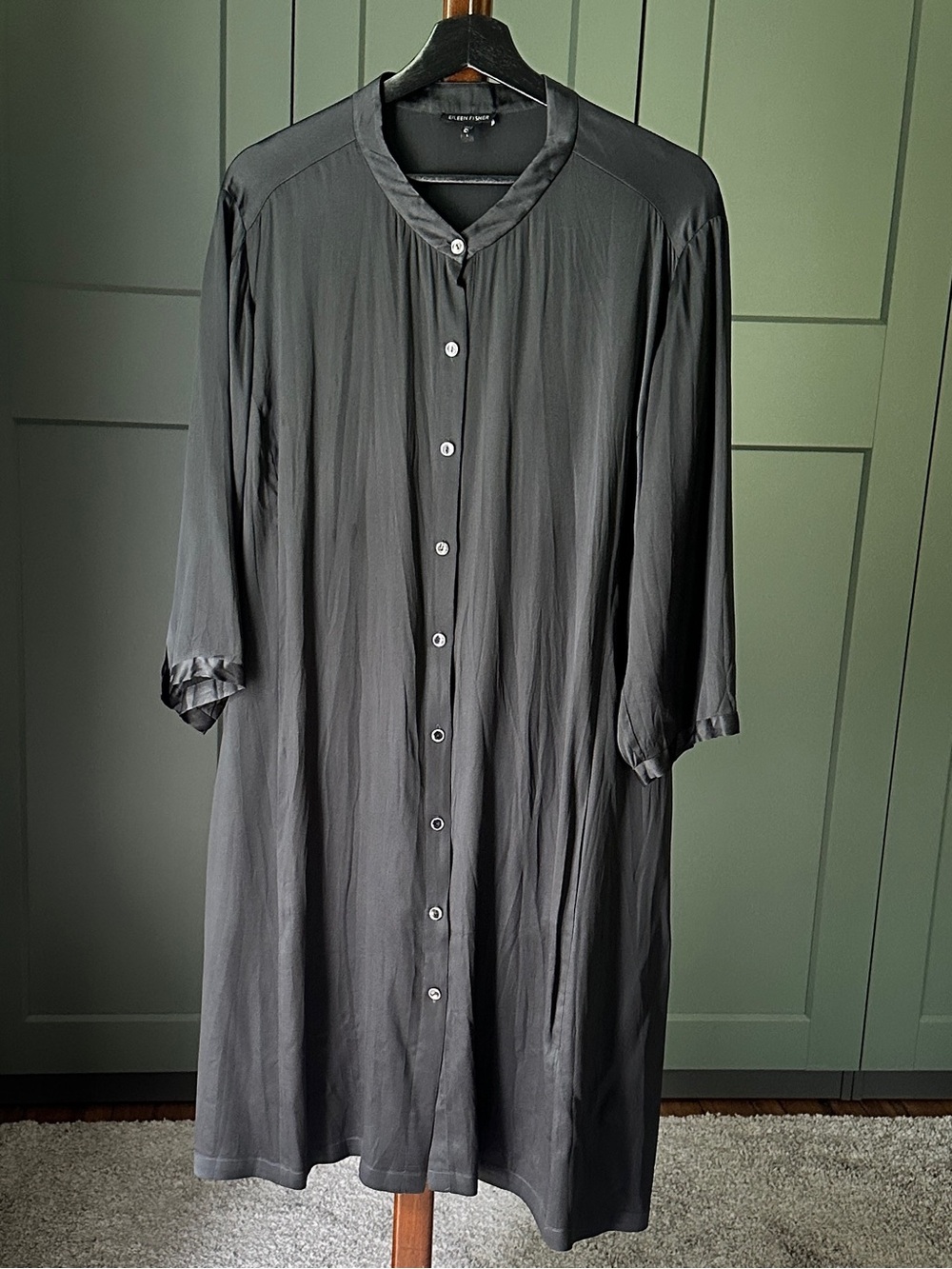 Eileen Fisher Dark Navy Long Sleeve Silk Button-Front Dress